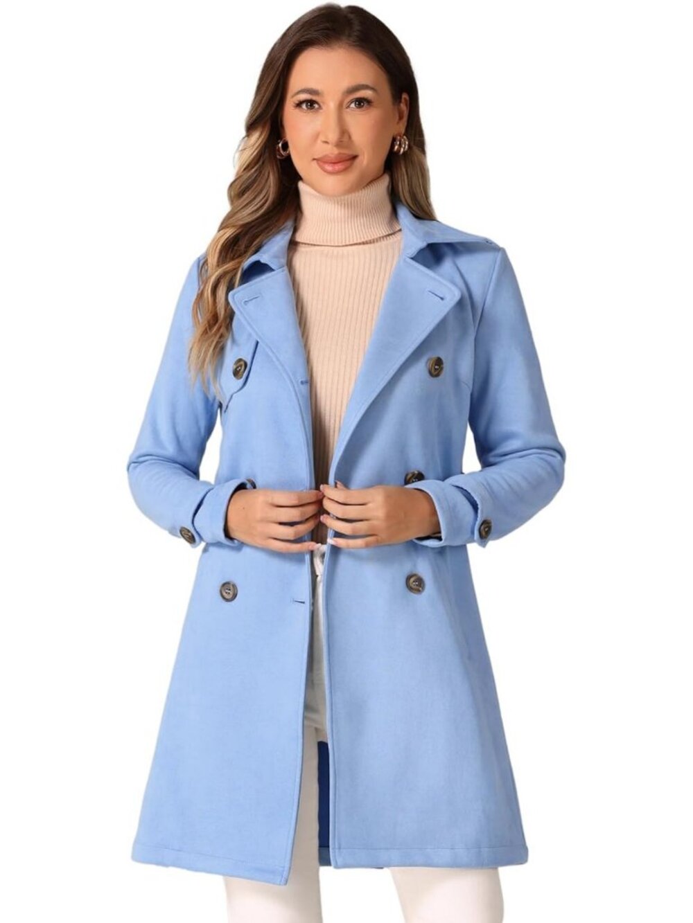 Chic Women's Faux Suede Trench Coat, Double Breasted with Belt, Stylish